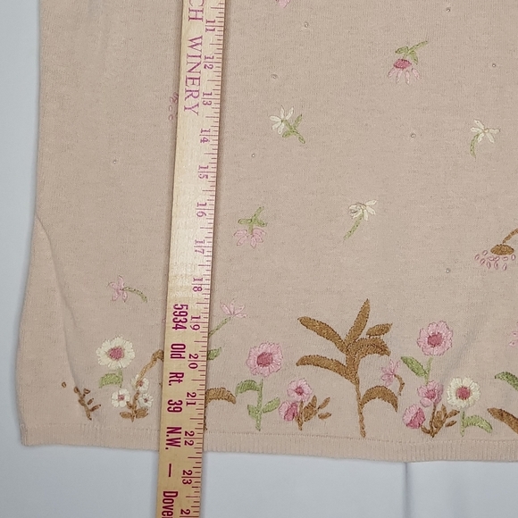 Oleg Cassini Sweater Embroidered Short Sleeve Medium Knit Pastel Floral Crew VTG - Picture 5 of 8